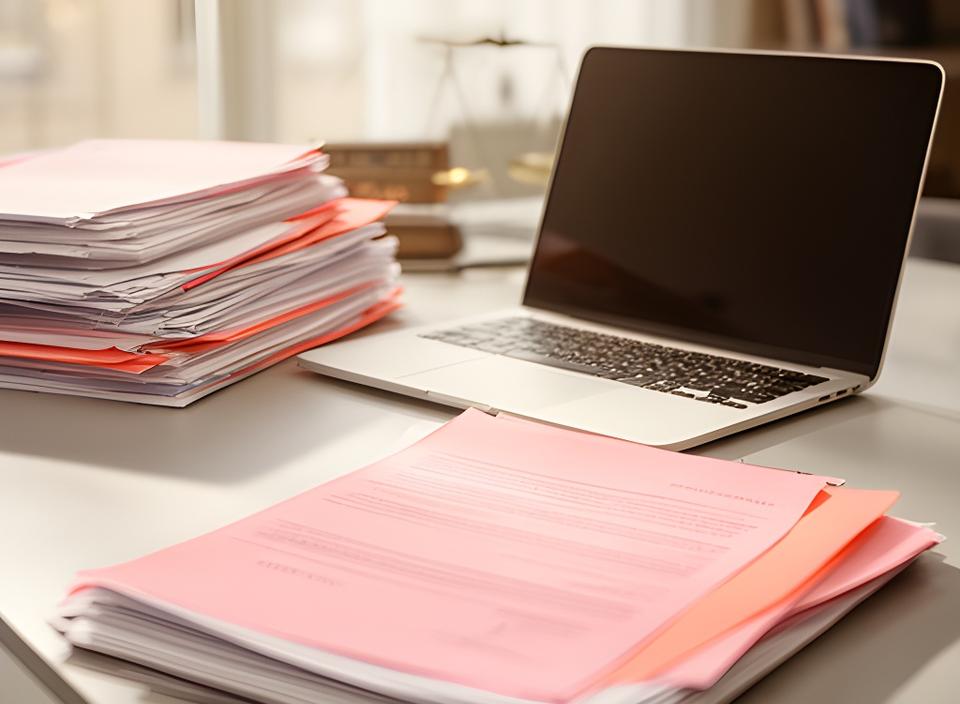 Beratungsunterlagen und Laptop auf einem hellen Kanzleitisch mit ruhiger Arbeitsatmosphäre
