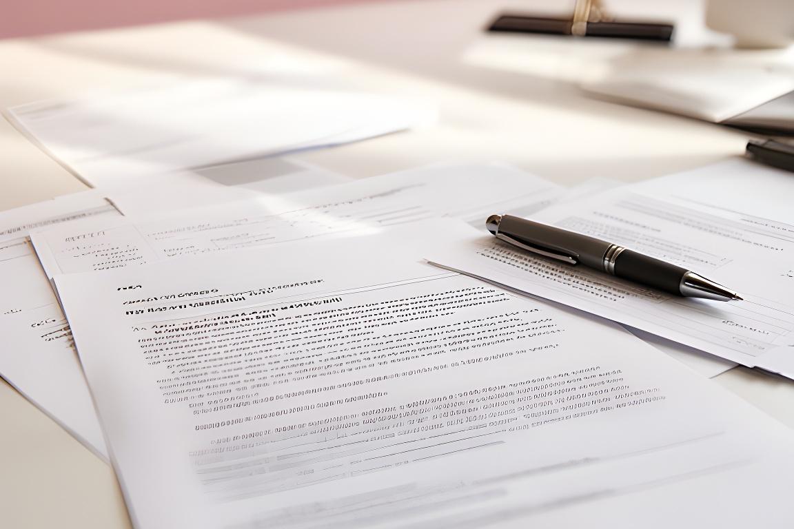 Juristische Unterlagen auf einem hellen Schreibtisch mit unterschriebenem Vertragsentwurf und Stift